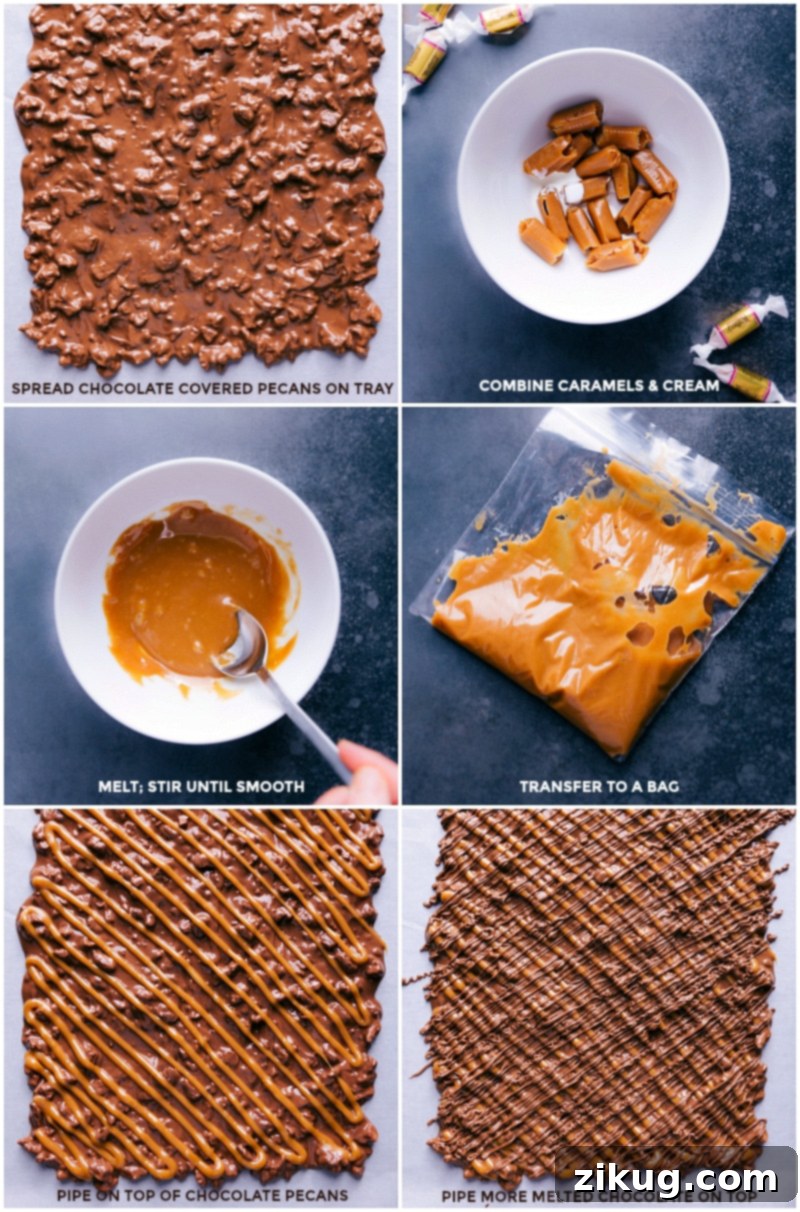 Process shots: Spreading chocolate-covered pecans, melting caramels with cream, piping caramel over the base, and drizzling additional melted chocolate on top.