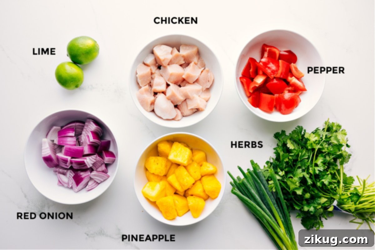 Ingredients In Teriyaki Chicken Skewers All the ingredients prepped out for easy assembly including fresh limes, red onion, pineapple, chicken chunks, herbs, and bell pepper, neatly arranged on a cutting board.