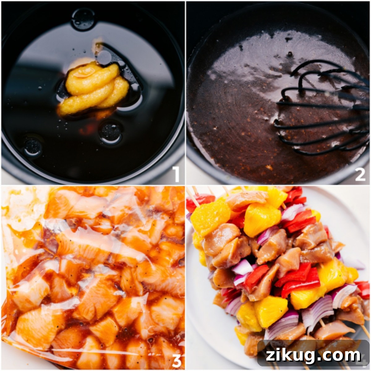 The Perfect Summer Grilling Recipe Stages of making teriyaki chicken skewers: whisking marinade in a pot, chicken marinating in a bag, and ingredients being assembled on skewers.