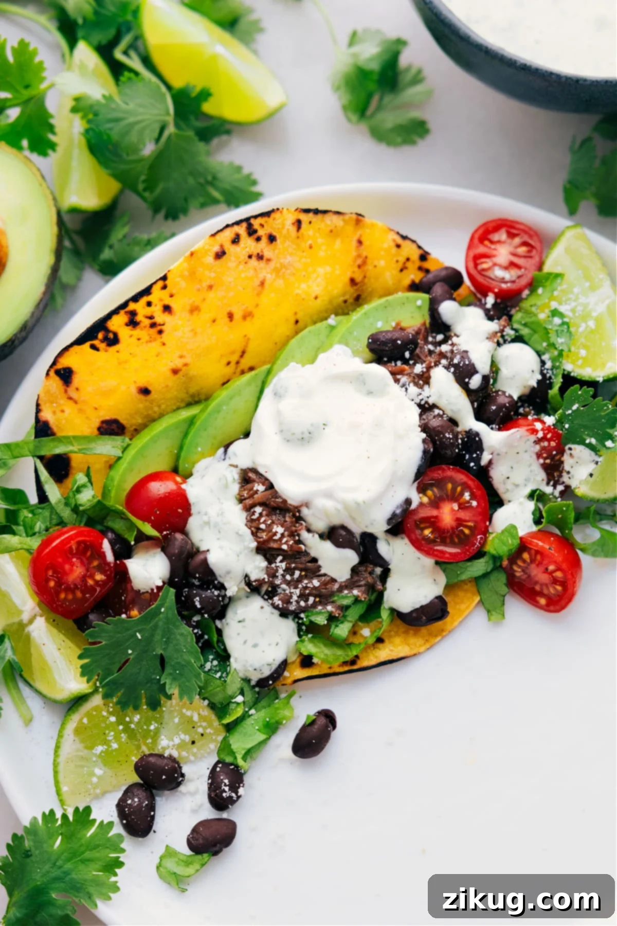 Delicious shredded beef tacos plated beautifully with fresh cilantro, lime, and avocado, ready to be enjoyed.