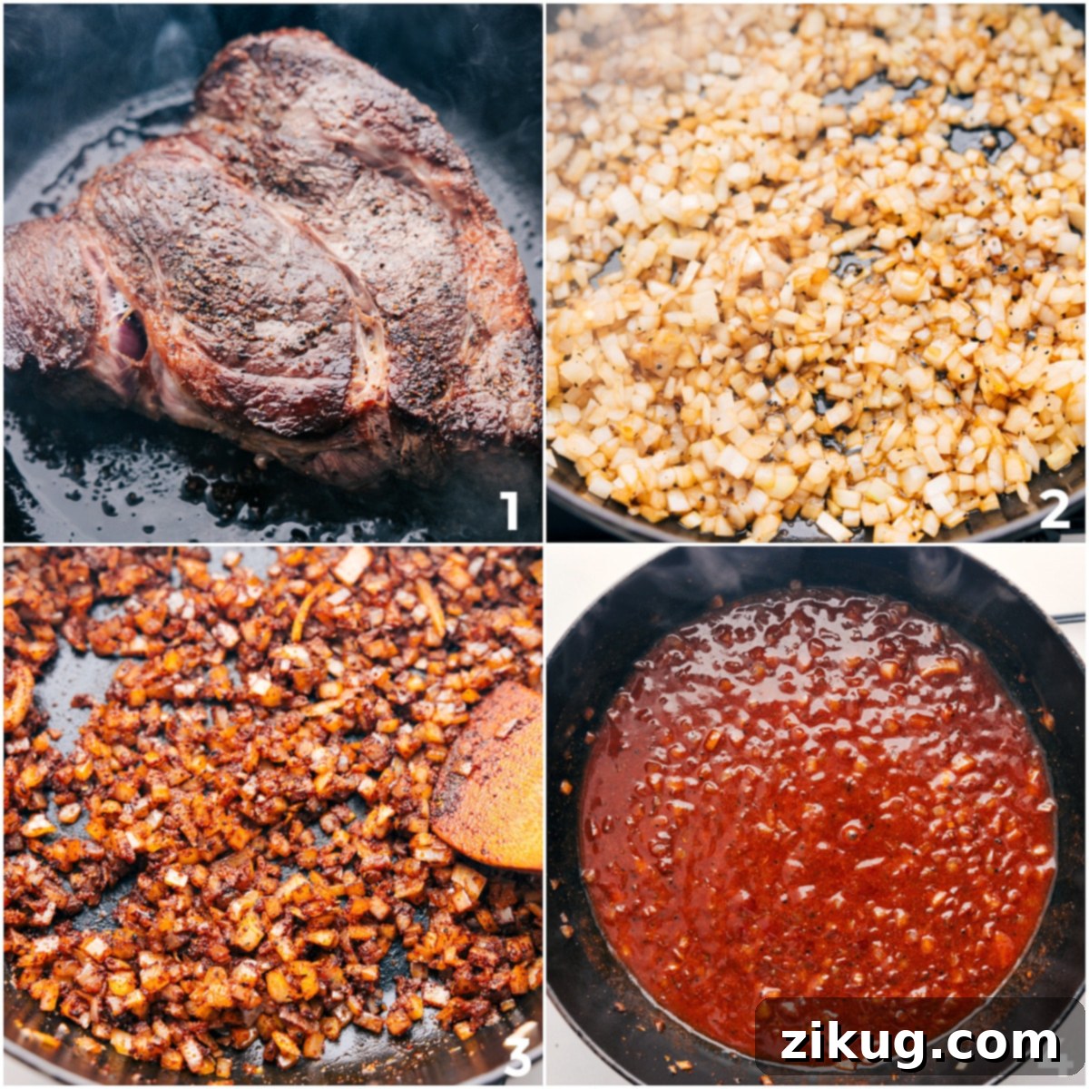 Step-by-step process of making shredded beef tacos: searing the beef in a pot, sautéing onions and spices, then adding enchilada sauce before slow cooking.