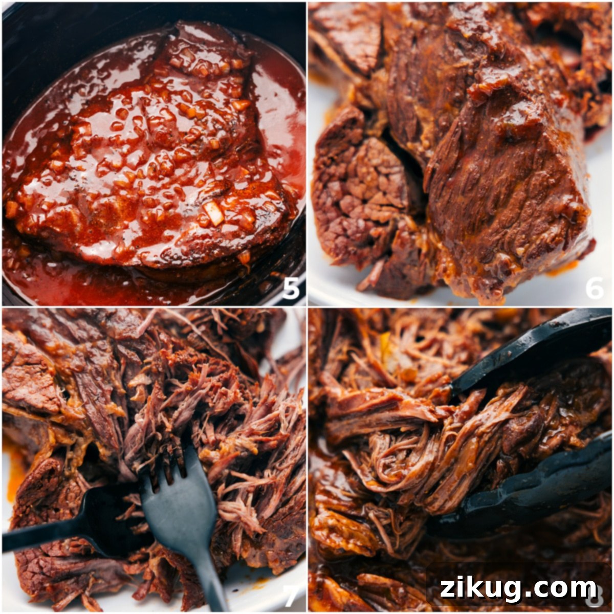 Close-up of slow-cooked beef being shredded effortlessly with two forks, showcasing its tender texture.