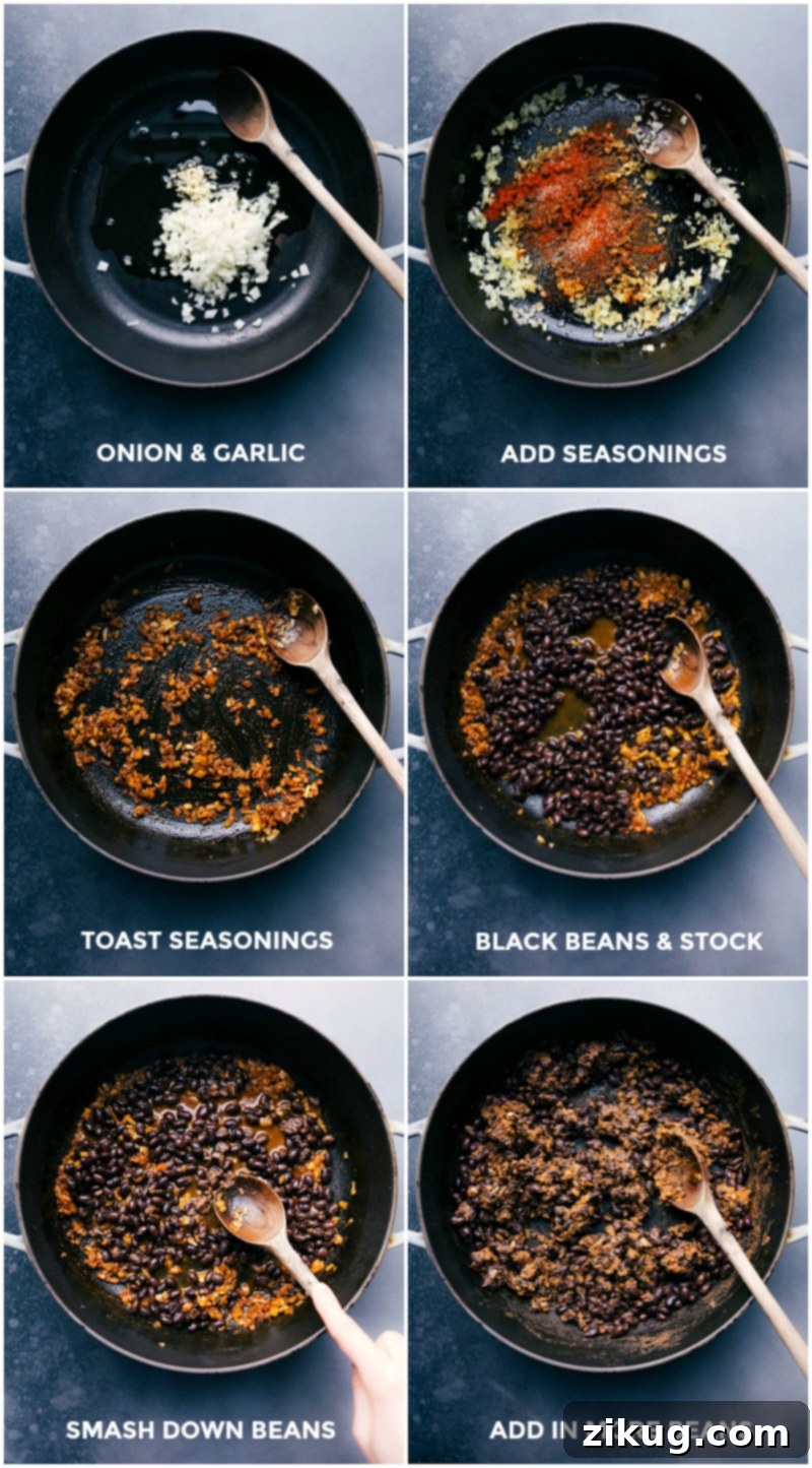 Sauteed Onion and Garlic with Seasonings, Black Beans and Stock Blended, Followed by Bean Smashing for Taco Filling. Detailed shot of onions and garlic being sautéed in a pan, followed by the addition of various seasonings, and finally, black beans mixed with stock, with some beans being mashed to create a rich taco filling.