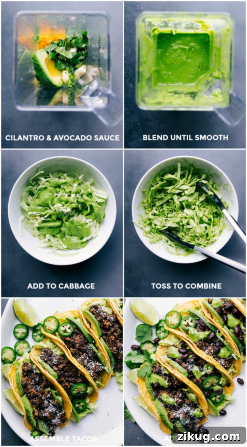 Cilantro and Avocado Sauce Preparation, Combined with Cabbage, and Taco Assembly Sequence. Sequence of preparations for black bean tacos, showing cilantro and avocado being blended for the sauce, the sauce being mixed with shredded cabbage for a slaw, and finally, the components being assembled into a taco.