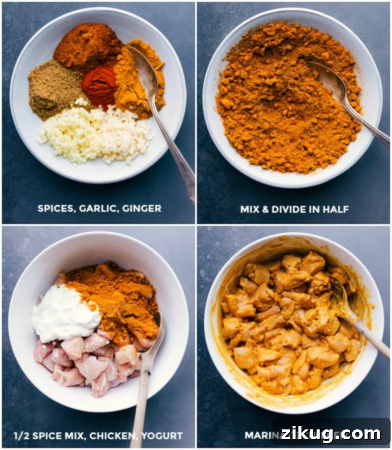 Progression of Marinate Preparation: Measured Spices, Spice Blend, Yogurt Blend, and the Ready-to-Use Marinate. Spices being measured, mixed, and combined with yogurt and chicken to marinate.