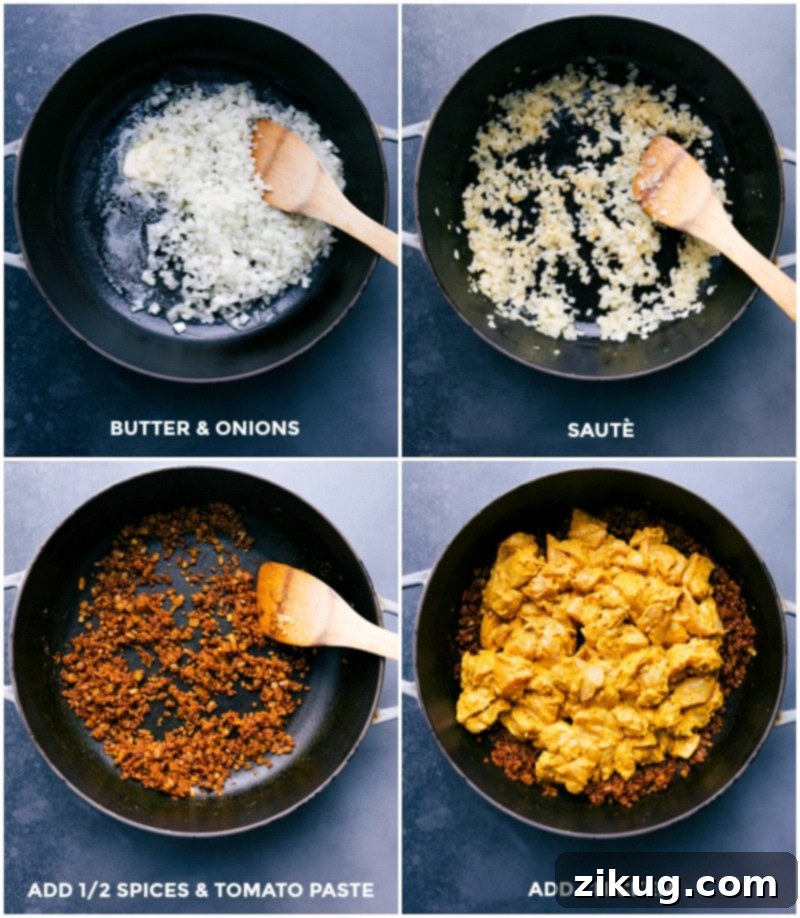 Cooking Stages of Butter Chicken: Sautéing Onions in Butter, Spicing, and Adding Marinated Chicken to Pan. Onions added to a skillet, then sautéed with spices and tomato paste before including marinated meat.