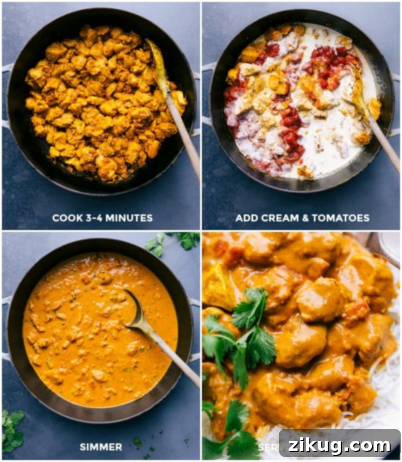 Butter Chicken Simmering with Cream and Tomatoes, Served over Rice. Cooking marinated mixture, then adding cream and tomatoes, simmering to tenderness.