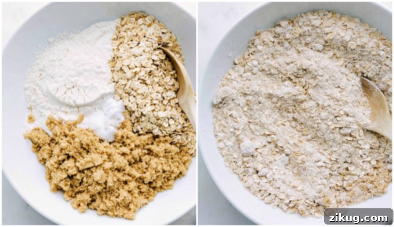 Mixing Ingredients for Caramel Oatmeal Cookies Oats, flour, and brown sugar separated in a bowl, then mixed together for this delicious and easy recipe.