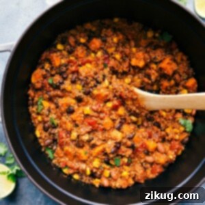 Robust Quinoa Chili 2 The delicious, warm, and hearty finished Quinoa Chili in a pot, ready to be enjoyed with your favorite toppings.