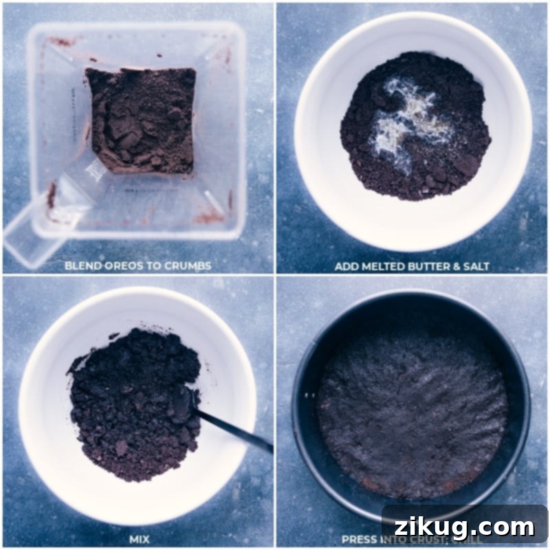 Step-by-step process of making an Oreo crust: blending cookies, mixing with butter and salt, pressing into a pie pan, and chilling.