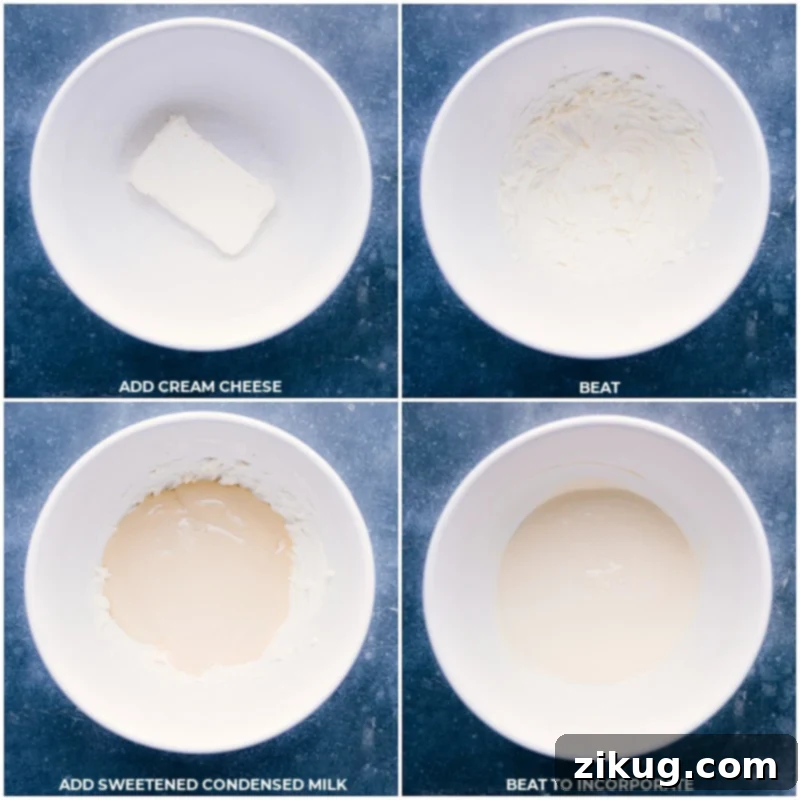 Process shots showing softened cream cheese being beaten, followed by the addition of sweetened condensed milk, and then beating until the mixture is smooth.