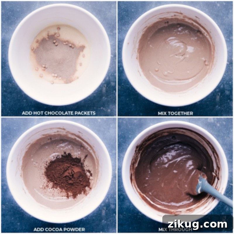 Process shots of adding hot chocolate packets to the cream cheese mixture and then incorporating cocoa powder for a deeper chocolate flavor.