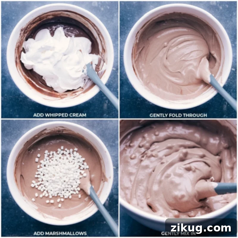 Process shots depicting the gentle folding of whipped cream into the chocolate cheesecake mixture, followed by the addition of marshmallows and a final gentle mix.