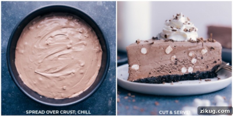 Process shots: Spreading the creamy hot chocolate cheesecake filling over the Oreo crust, followed by freezing and then cutting the chilled dessert into slices for serving.