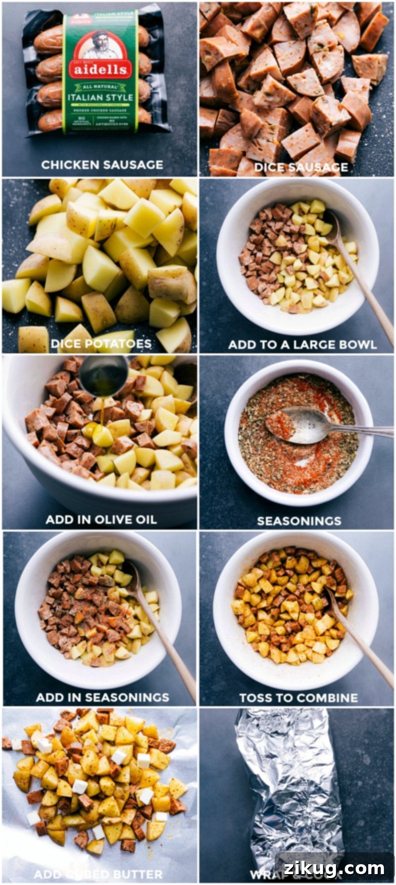 Diced sausages and potatoes with seasonings, mixed together for foil pack preparation.