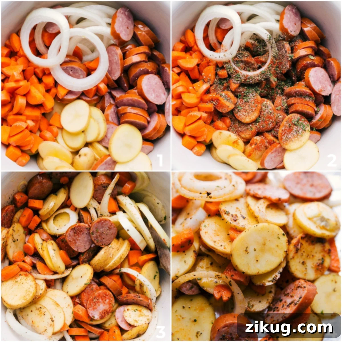 Assembling and Preparing Hobo Foil Packets All the prepped ingredients for Hobo Foil Packets, including sausage, vegetables, and seasonings, mixed together in a large bowl before being portioned into individual foil packets.