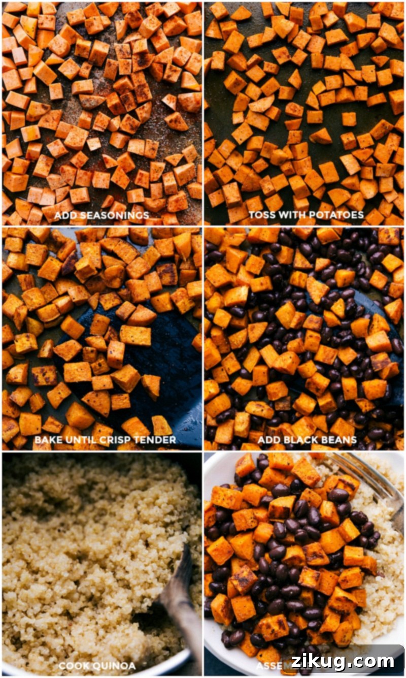 Sweet Potato Buddha Bowl Steps: Roasting Seasoned Sweet Potatoes, Adding Black Beans, and Cooking Quinoa. Seasonings sprinkled on sweet potatoes for roasting, black beans added, and quinoa cooking for the buddha bowl sweet potato recipe.