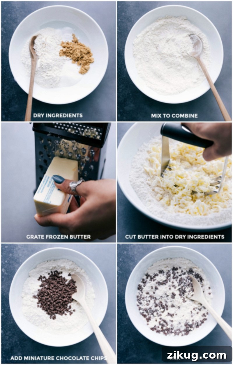 Preparing Chocolate Chip Scones: Mixing Dry Ingredients, Grating Butter, and Adding Chocolate Chips A visual guide to preparing chocolate chip scones, showing the process of mixing dry ingredients, expertly cutting in grated frozen butter, and finally adding rich chocolate chips to the dough mixture.