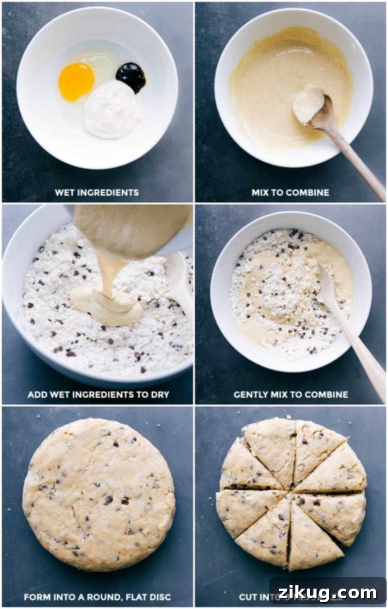 Dough Preparation: Wet Ingredients Added and Shaped into Triangles The process of scone dough preparation: pouring wet ingredients into the dry mixture, gently shaping the combined dough into a round, flat disc, and then precisely cutting it into eight perfect triangles.