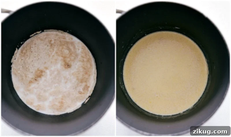 Mixing activated yeast with the butter and egg blend. Process shot illustrating the activated foamy yeast mixture and a separate bowl with the egg and butter mixture, then showing them combined for Homemade Cinnamon Rolls.