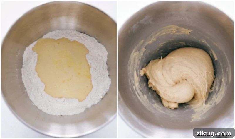 Combining wet and dry ingredients and kneading the dough. Process shots demonstrating how to whisk dry ingredients, add wet ingredients into a created indent, and mix the dough with a stand mixer for Homemade Cinnamon Rolls.