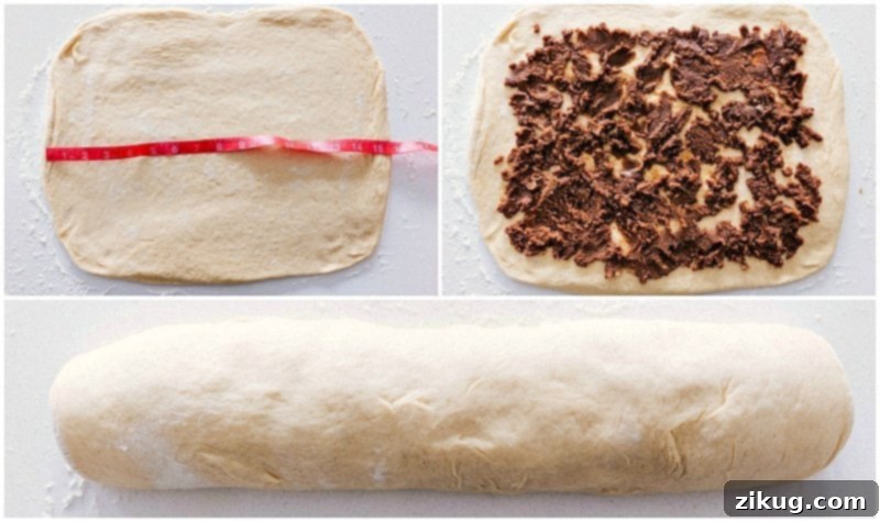 Rolling out dough, adding filling, and forming cinnamon roll log. Process shots of rolling out the dough into a rectangle, spreading cinnamon sugar filling, and tightly rolling the dough into a log for Homemade Cinnamon Rolls.