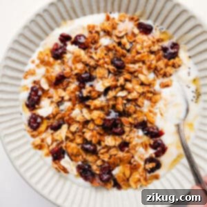 A delicious bowl of Honey Almond Granola with honey drizzled on top, next to fresh blueberries.