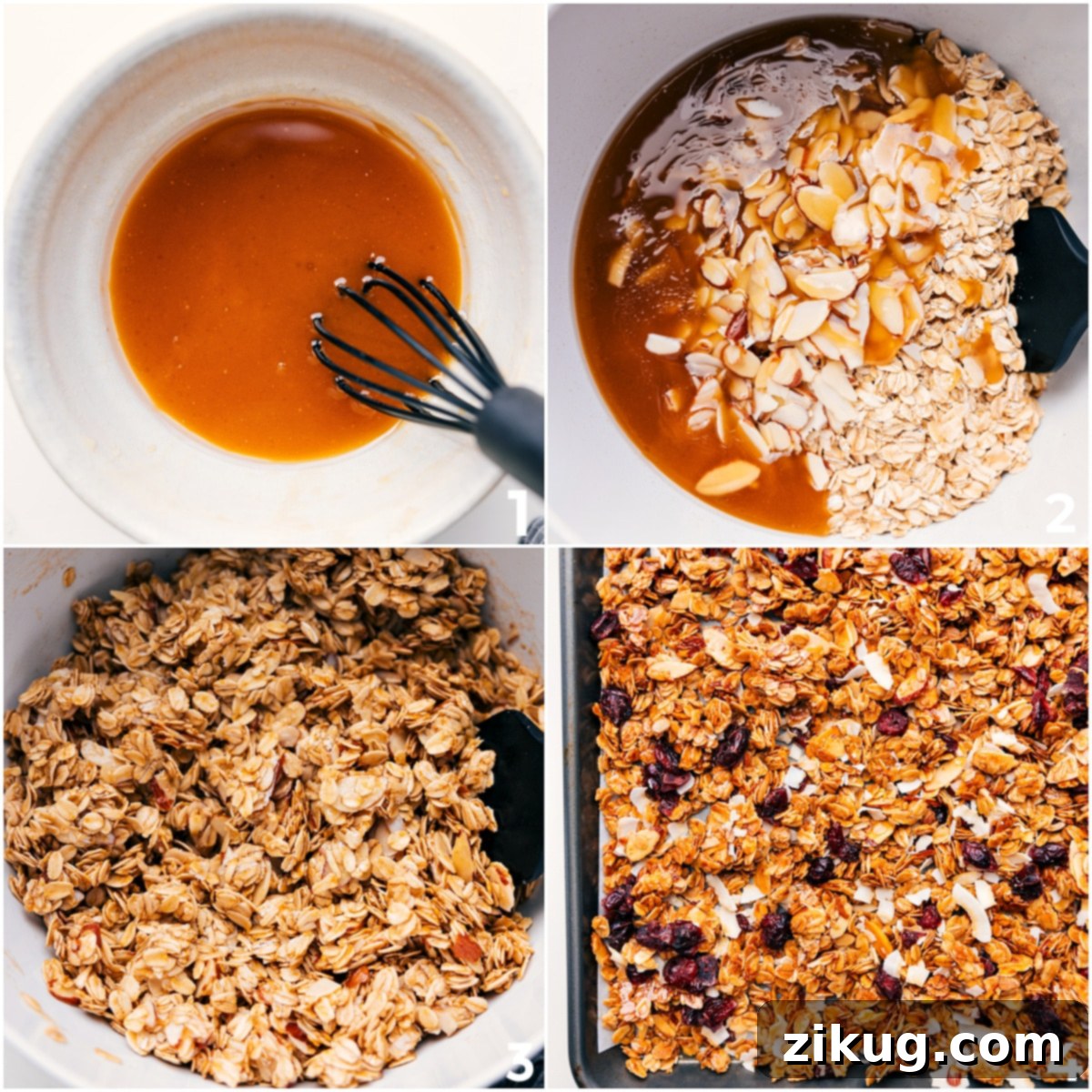 Golden Honey Almond Granola 3 Oil, honey, vanilla, and salt all whisked together in a bowl, then the dry ingredients (oats and almonds) mixed into it, and the entire mixture spread out on a sheet pan ready to be baked.
