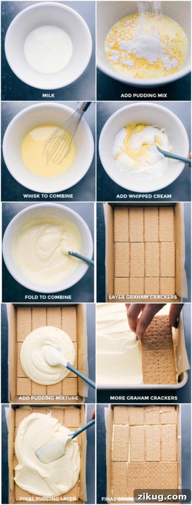 Making the pudding filling and layering it between layers of graham crackers.