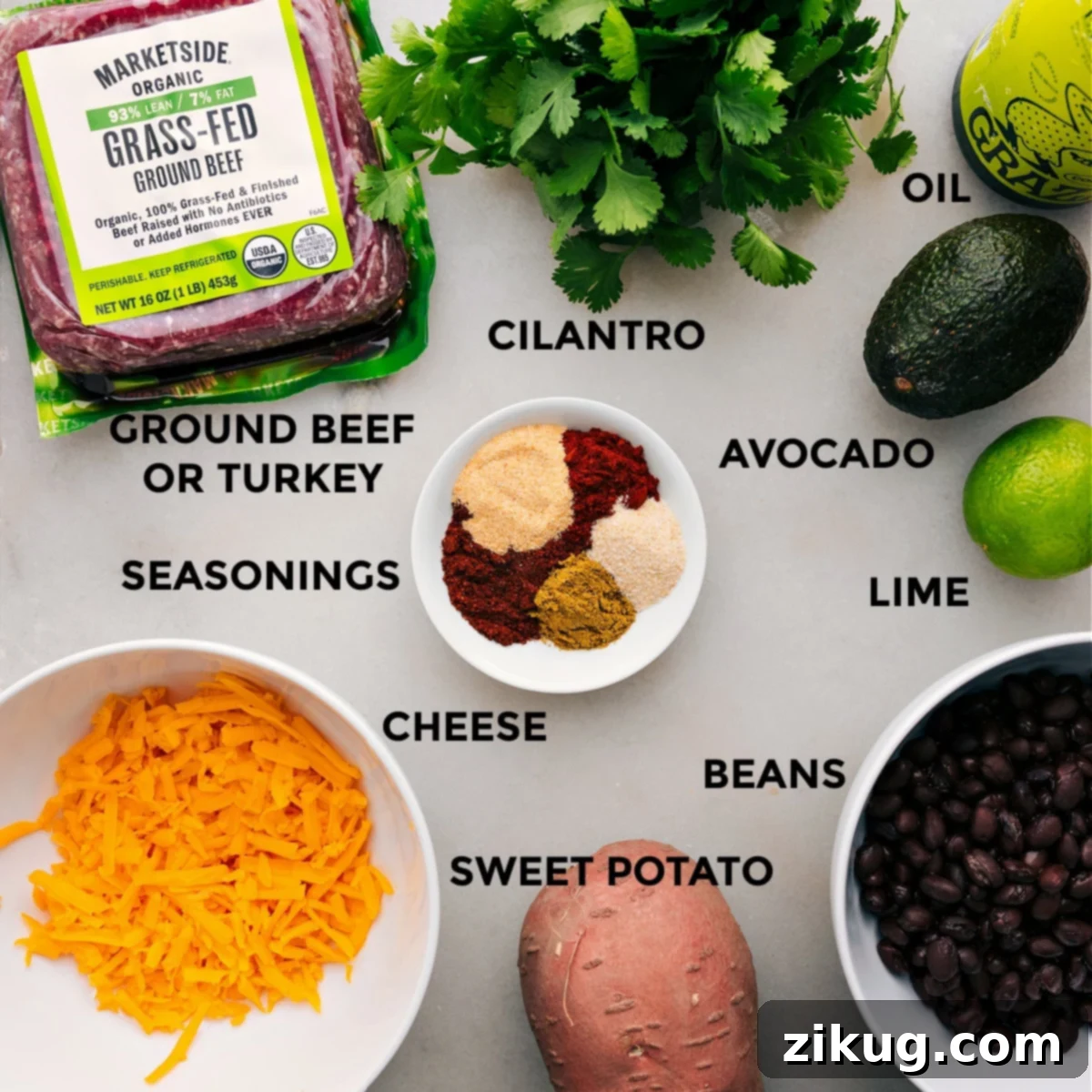 Ingredients In Ground Turkey Sweet Potato Skillet All the ingredients for this Ground Turkey Sweet Potato Skillet recipe are prepped and ready for easy assembly, including the ground turkey, fresh cilantro, diced sweet potatoes, black beans, and shredded cheese.