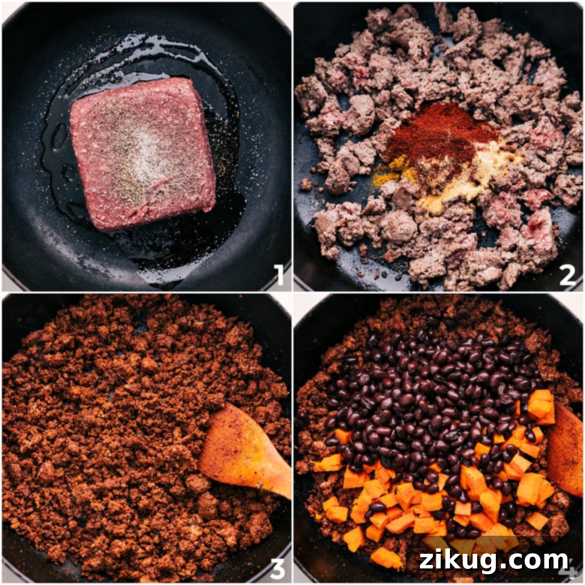 Cooking Steps: Browning Meat, Adding Seasonings, Beans, Cheese, and Toppings Brown the ground turkey in a large skillet, then mix in the rich seasoning blend, black beans, and tender sweet potatoes for this quick and easy Ground Turkey Sweet Potato Skillet dinner.