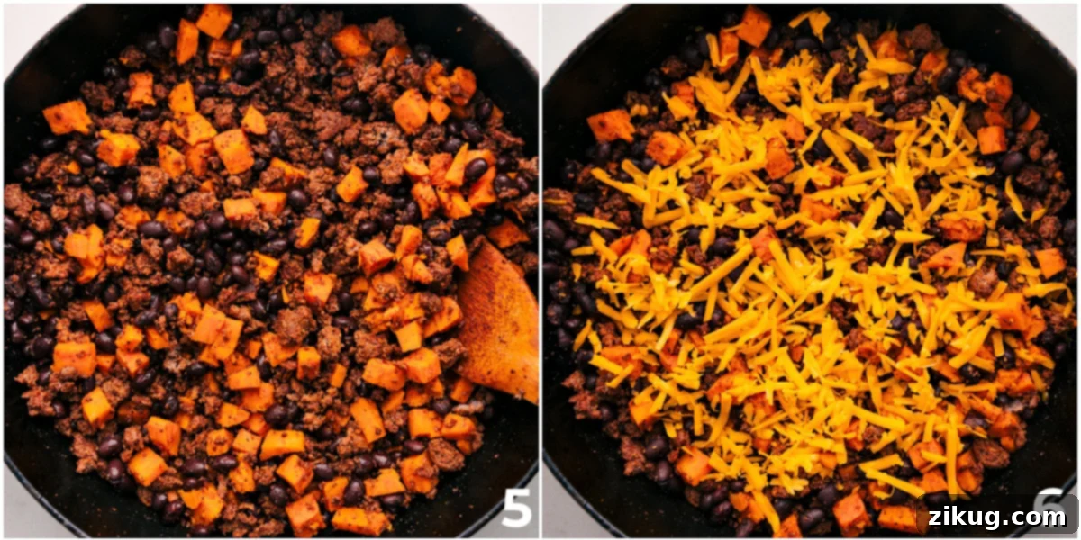 Ground Turkey Sweet Potato Skillet Garnished with Avocado, Cilantro, and Lime Finish the dish by placing cheese on top to melt, creating a gooey, irresistible layer over the ground turkey and sweet potato mixture.