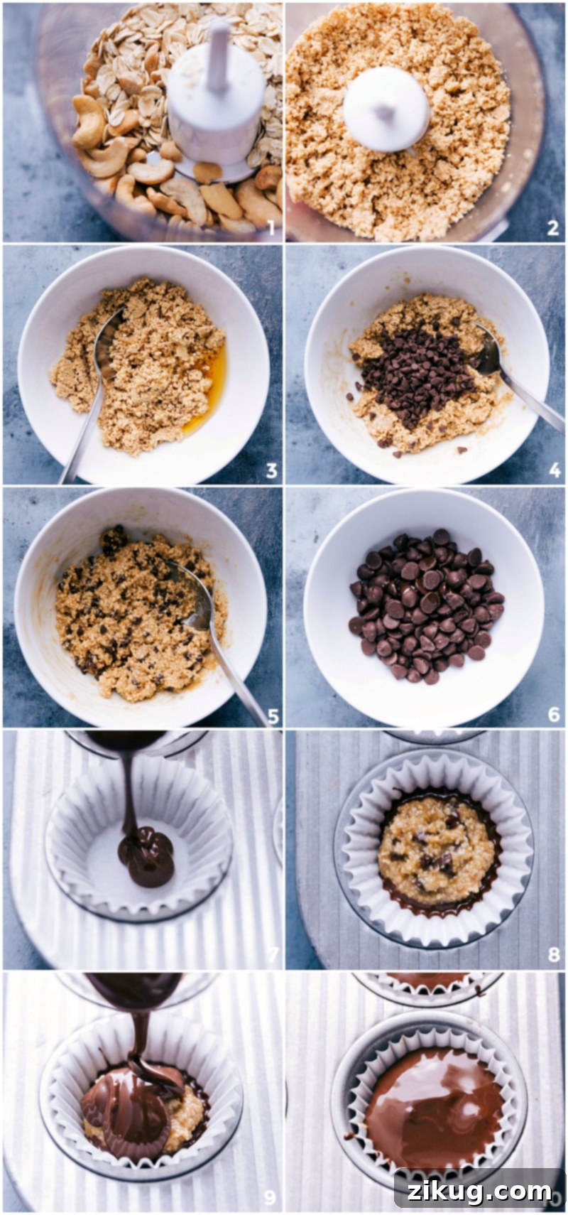 Healthy Cookie Dough Cups preparation steps Photo collage showing step-by-step preparation of Healthy Cookie Dough Cups, including blending ingredients, forming dough balls, and carefully coating them in melted chocolate.