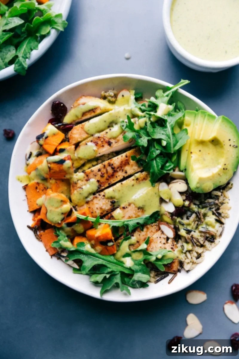 Chicken and Wild Rice Bowl with Creamy Sauce - A Healthy and Delicious Meal Chicken and wild rice in a bowl, featuring well-cooked, sliced chicken and creamy sauce poured on top, creating a healthy and delicious meal.