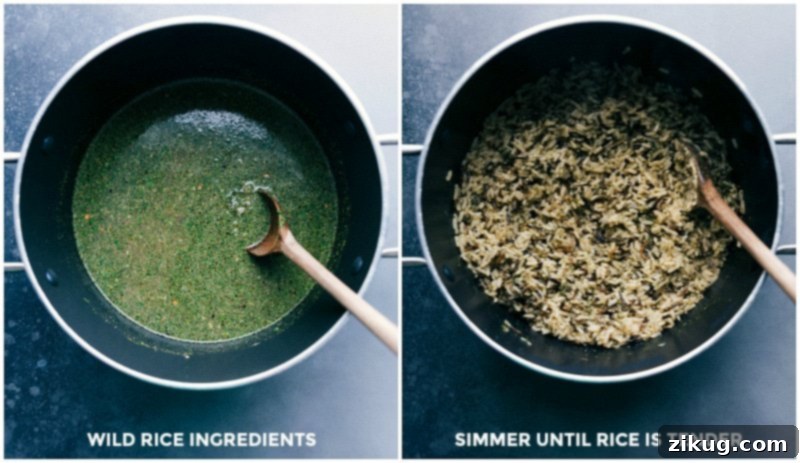 Making Wild Rice: Combining Ingredients and Simmering to Tenderness Combining ingredients for wild rice in a pan and simmering until the rice is tender.