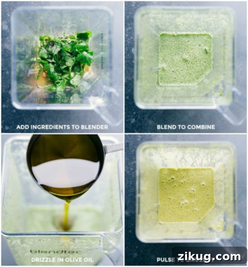 Preparing Cilantro-Lime Sauce: Blending Ingredients and Emulsifying with Olive Oil Making cilantro-lime sauce: adding ingredients to a blender, blending to combine, drizzling in olive oil, and pulsing to emulsify.