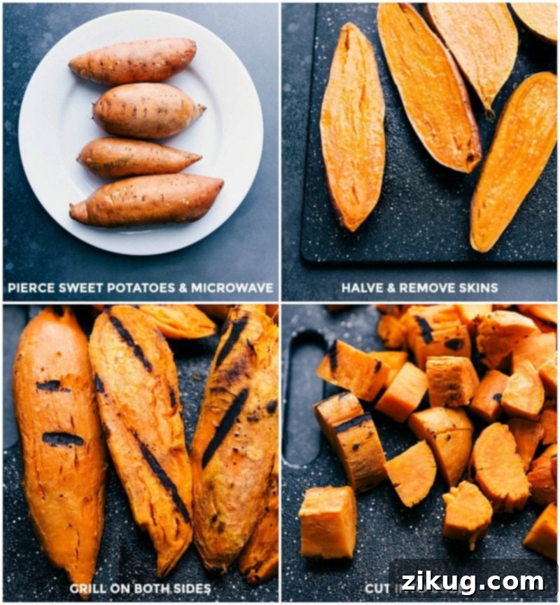 Preparing Sweet Potatoes: Microwaving, Grilling, and Cubing Process Preparing sweet potatoes: piercing and microwaving the potatoes, halving and removing skins, grilling on both sides, and cutting into cubes.