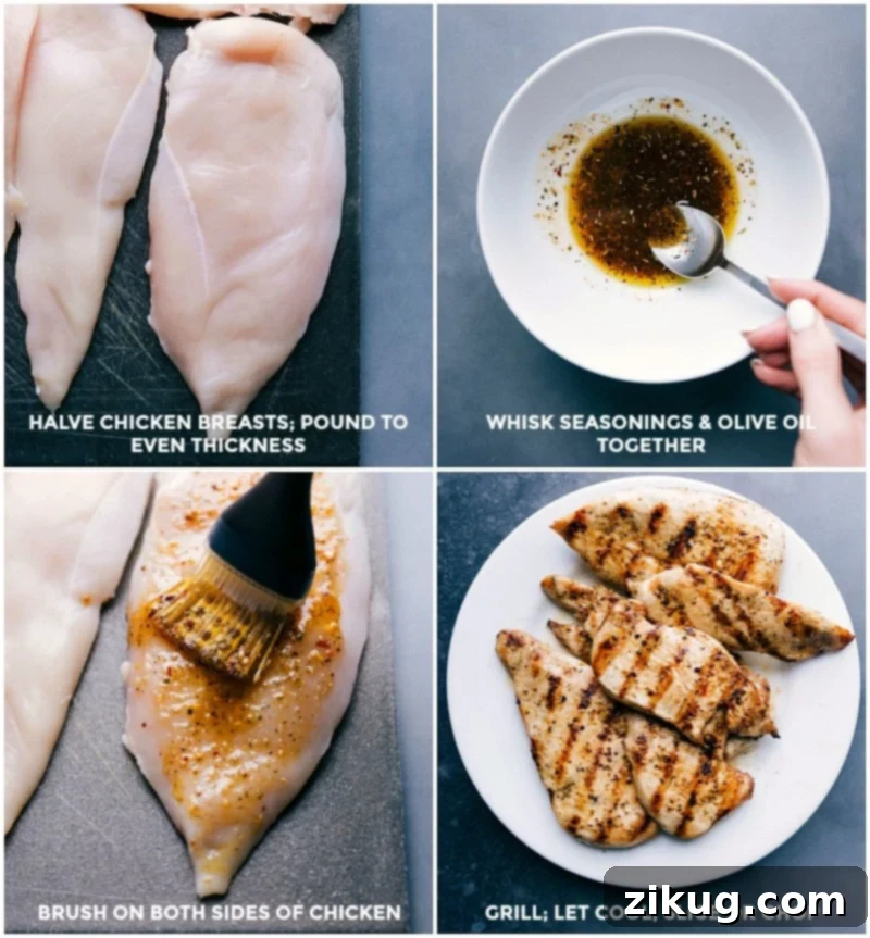 Grilling Chicken for Chicken and Wild Rice Soup: Seasoning, Grilling, and Slicing Steps Grilling chicken by first halving and pounding chicken breasts, whisking together seasonings and olive oil, brushing onto chicken, grilling, cooling, and slicing.