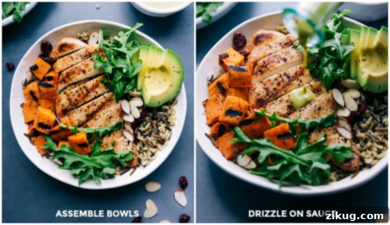 Assembling Chicken and Wild Rice Bowls with Cilantro-Lime Sauce and Toppings Assembling chicken and wild rice bowls, drizzling cilantro-lime sauce on top, and adding the chosen toppings.
