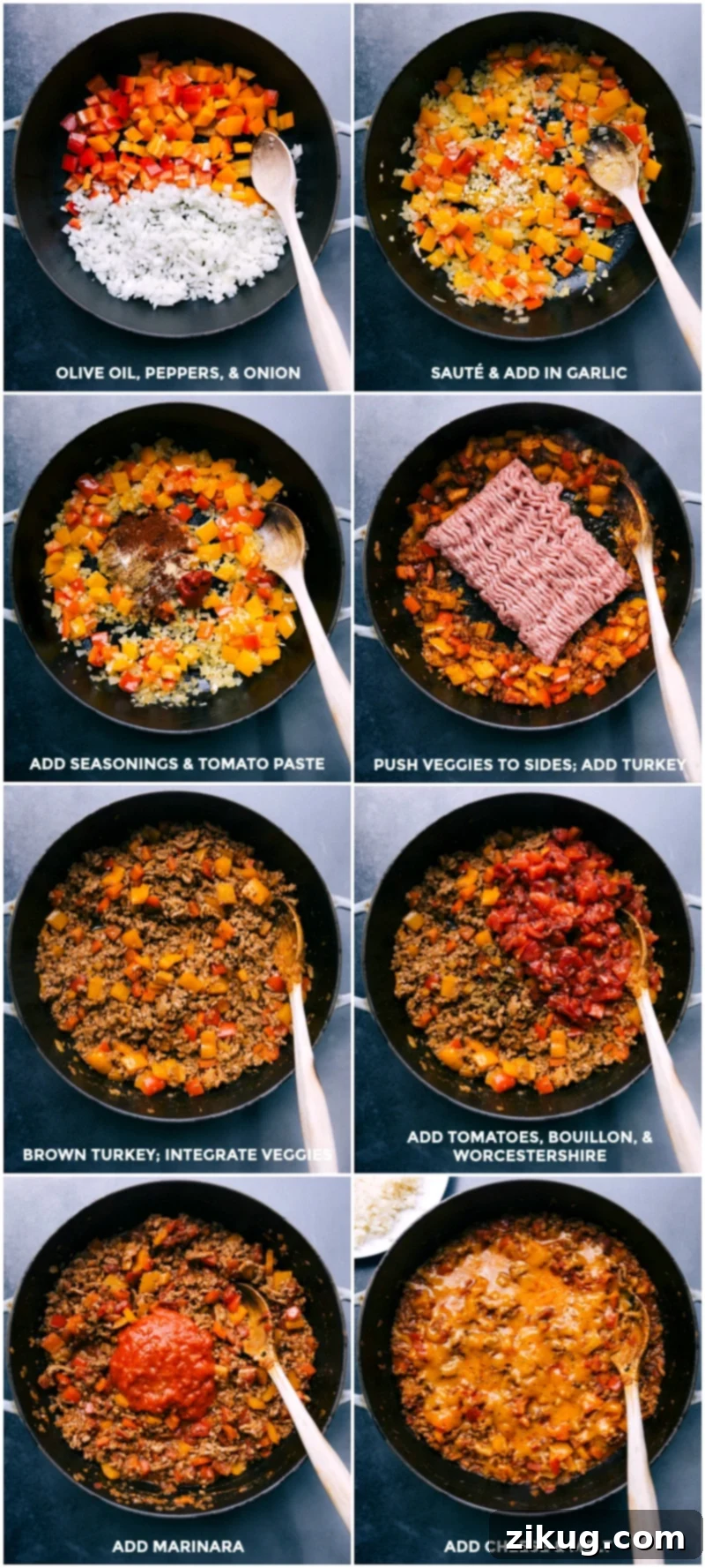 Cooking Unstuffed Peppers: Building Flavor in One Skillet Step-by-step process of preparing Unstuffed Peppers: adding fresh vegetables, ground meat, seasonings, rich marinara sauce, and gooey cheese to a hot skillet, then cooking until perfectly done.