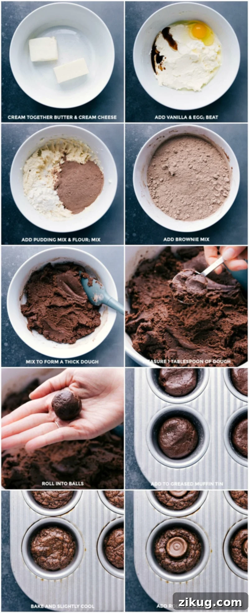 Making Mini Brownie Bites with Rolos - Baking Process Visual guide to making mini brownie bites with Rolos. Steps include creaming butter and cream cheese, adding vanilla and egg, incorporating pudding mix and flour, mixing to form a stiff dough, rolling into balls, placing in a muffin tin, baking, cooling slightly, and pressing candies into the tops for a delicious caramel surprise.