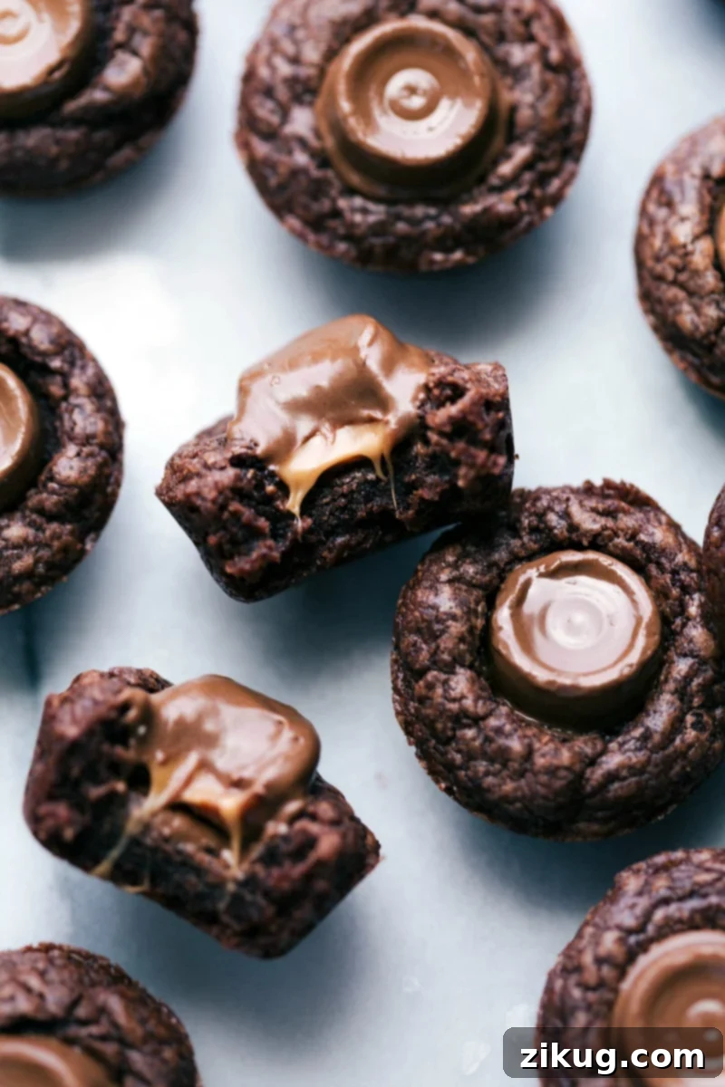 Mini Brownie Bite with Rolo - Gooey, Melty Inside A mini brownie bite with a Rolo candy center, cut in half to reveal its warm, gooey, melty chocolate caramel interior. A truly irresistible treat.