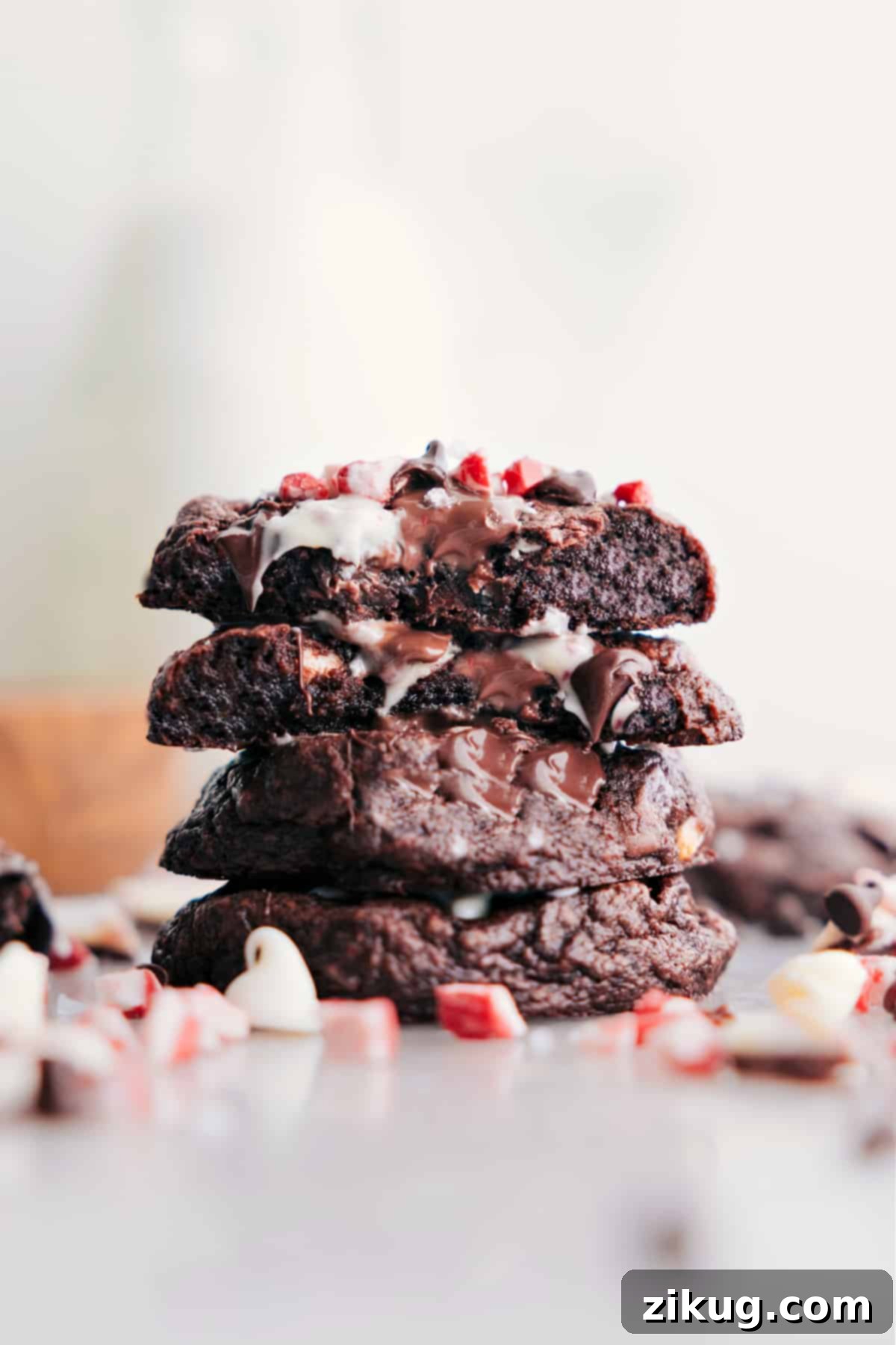 Fudgy Chocolate Peppermint Bark Cookies: The Ultimate Holiday Indulgence A stack of decadent Chocolate Peppermint Cookies, with one broken in half to showcase its deliciously gooey, chocolatey interior filled with peppermint bark pieces.