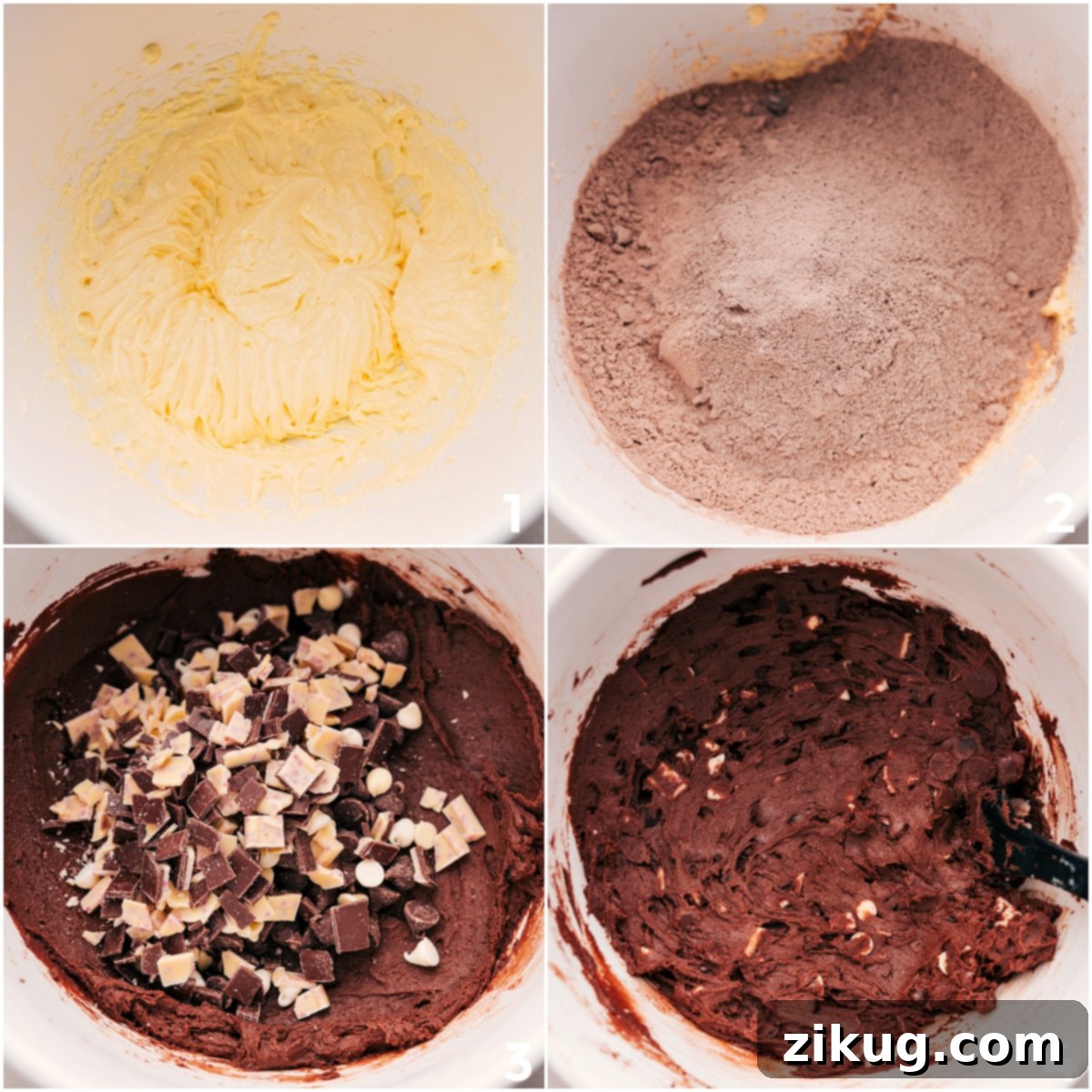 Crafting the Perfect Peppermint Chocolate Cookie Dough The process of making chocolate peppermint cookies: dry and wet ingredients are combined in a single bowl, followed by the careful folding in of crushed peppermint bark and chocolate chips, leading to a rich, ready-to-bake dough.