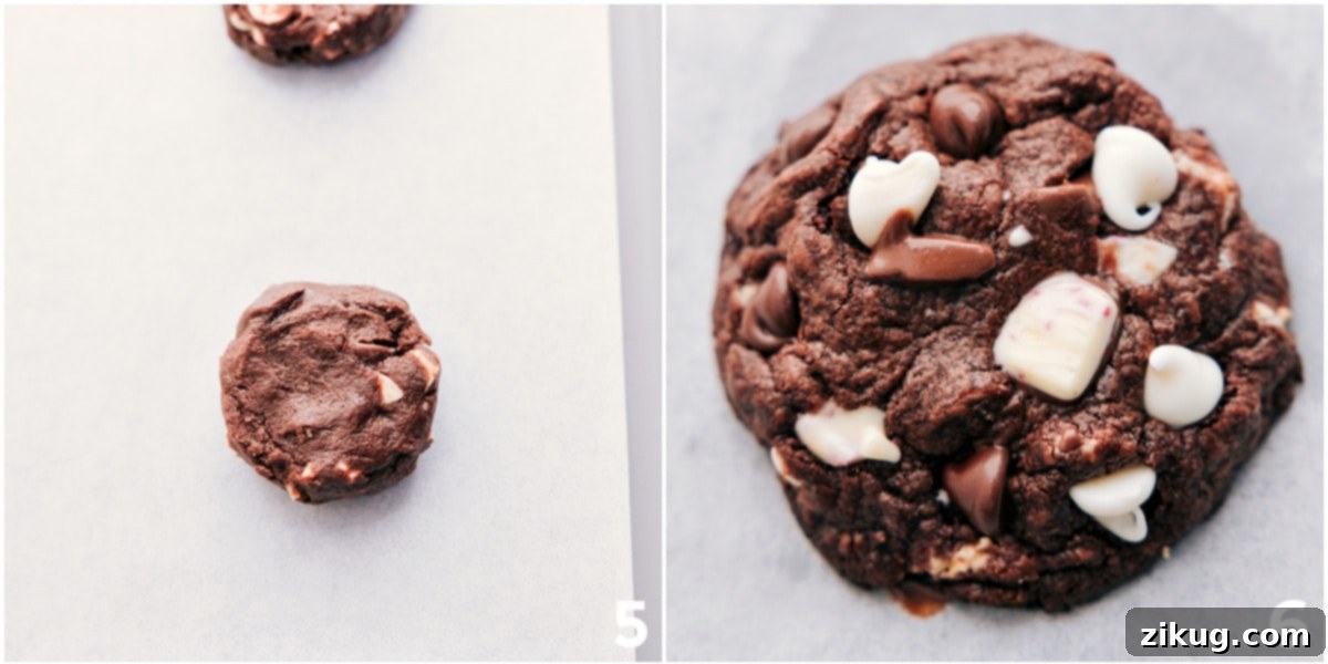 From Dough to Delight: Baking Chocolate Peppermint Cookies Rolled cookie dough balls are neatly arranged on a baking sheet lined with parchment paper, ready to be baked into delicious chocolate peppermint cookies.
