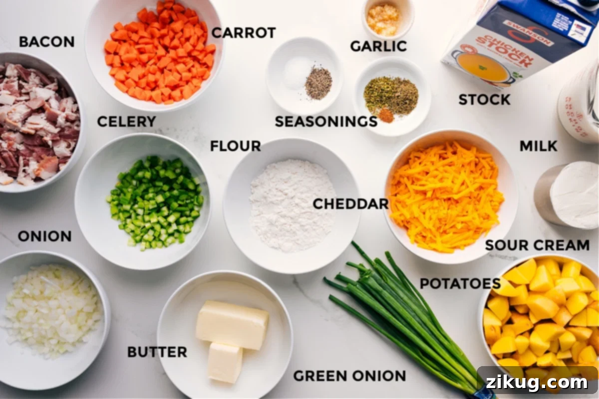A vibrant display of fresh ingredients for Loaded Potato Soup, including perfectly diced bacon, finely chopped onion, celery, and carrots, whole potatoes, various seasonings, and a block of sharp cheddar cheese.