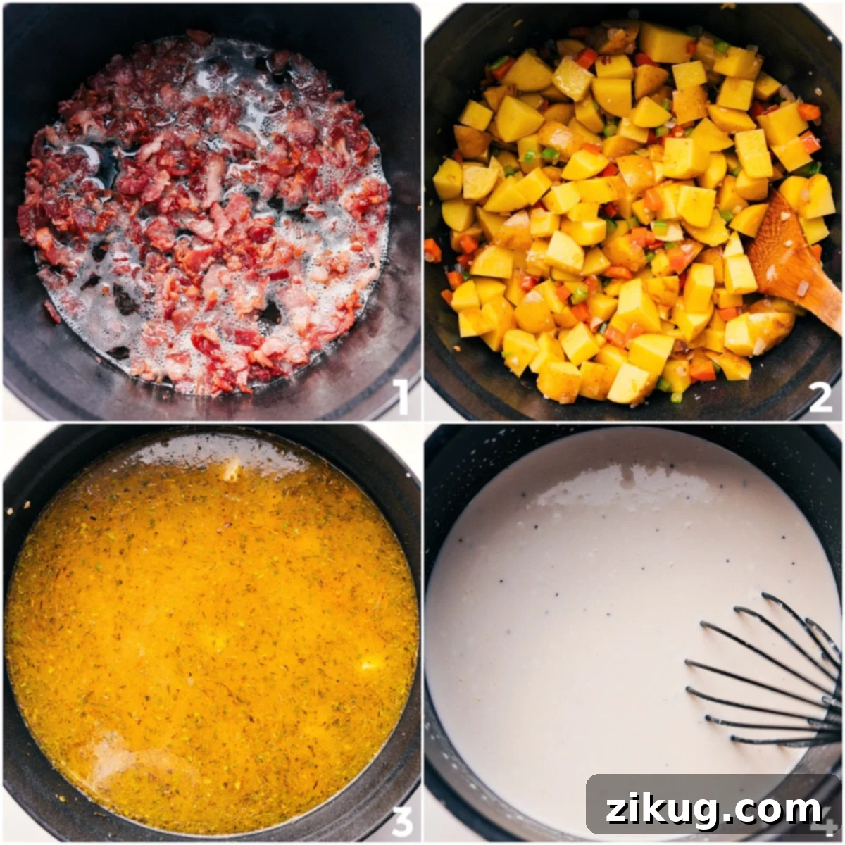 A step-by-step visual guide to making Loaded Potato Soup: first, bacon cooking in a large pot; second, sautéed onions, celery, and carrots; third, chicken broth and cream added to simmer with potatoes.