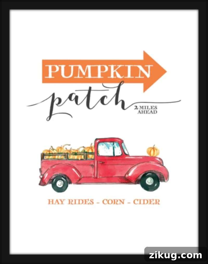 Download this free high-resolution Fall Printable to add a touch of autumn charm and seasonal elegance to your home decor or personal projects. Beautiful Fall Printable featuring a pumpkin patch scene with festive text, perfect for autumn decor and celebrations.