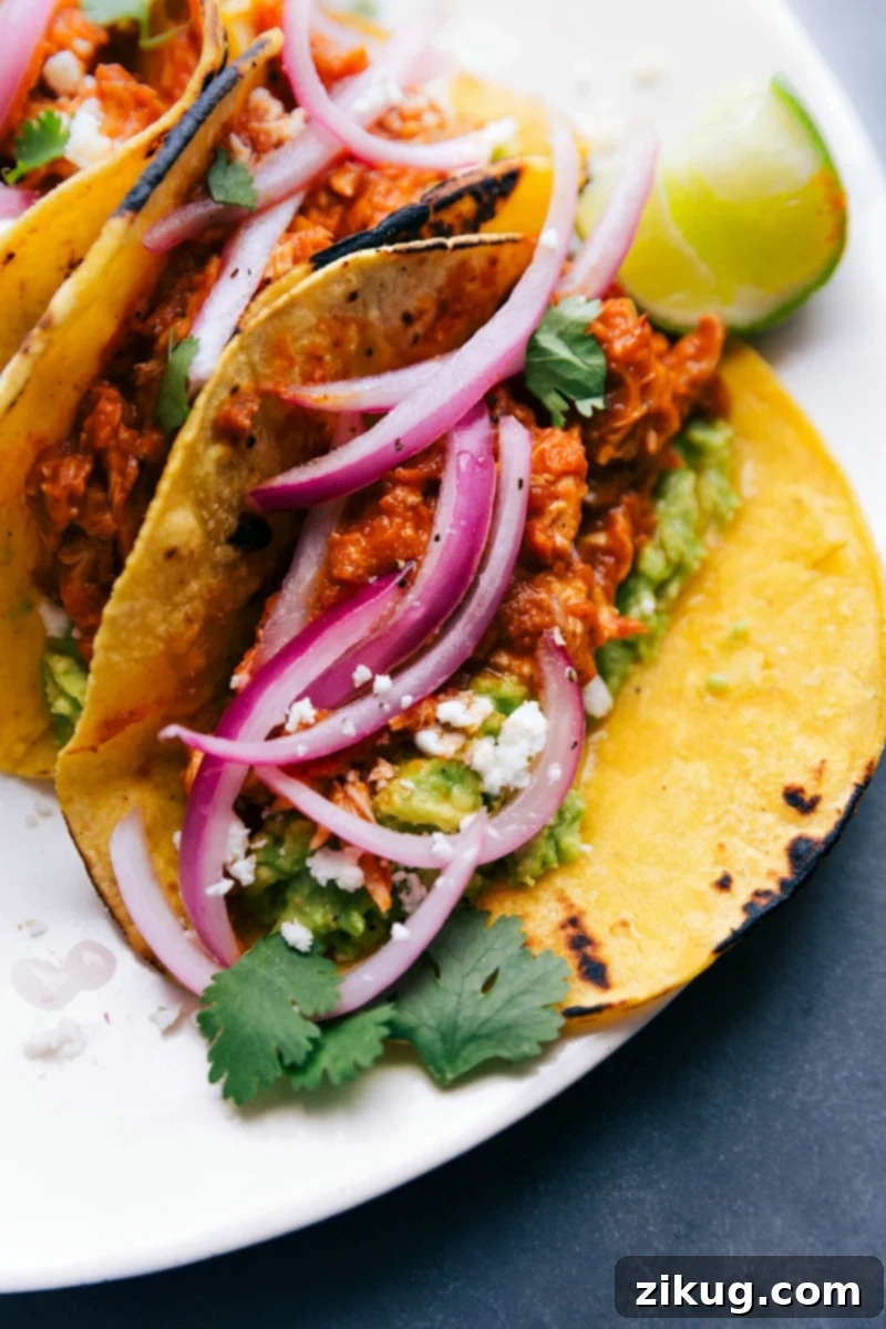 Chicken Tinga Tacos Fully Assembled and Topped with Red Onions, Cilantro, and Cheese - Ready to Enjoy Chicken tinga tacos fully assembled and ready to be enjoyed, topped with red onions, cilantro, cheese, and more.