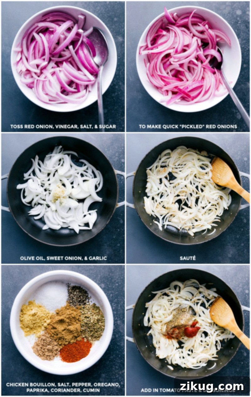 Making Chicken Tinga Tacos: Pickling Onions, Sautéing, and Mixing Pickling the red onions, sautéing onions and garlic, adding seasoning and tomato paste, and mixing everything together.